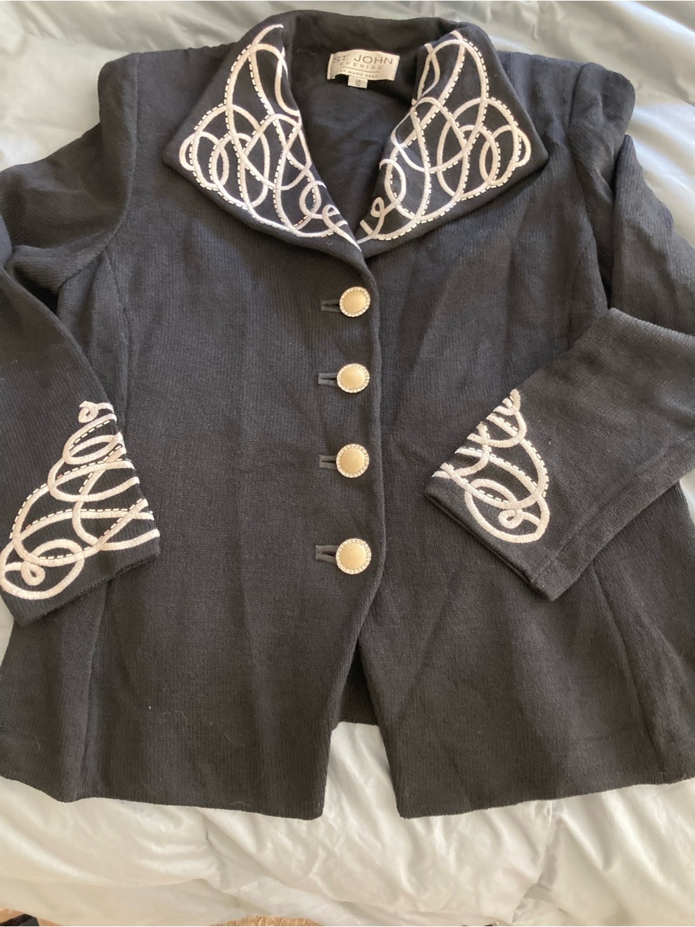 St. John evening black Jacket with Ivory Embroidered Collar & Cuffs